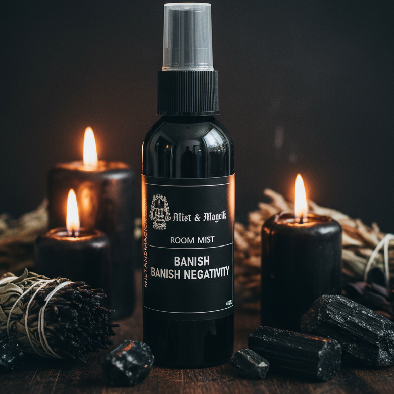 Banish Negativity room mist close-up with dark vintage background