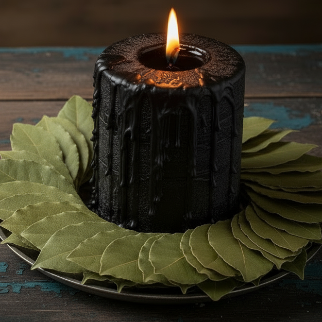 Bay leaf wreath at candle base with herb pile