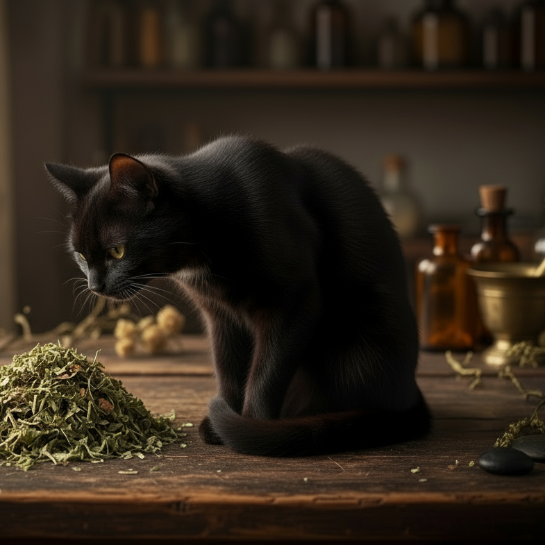 Black cat smelling catnip on antique table