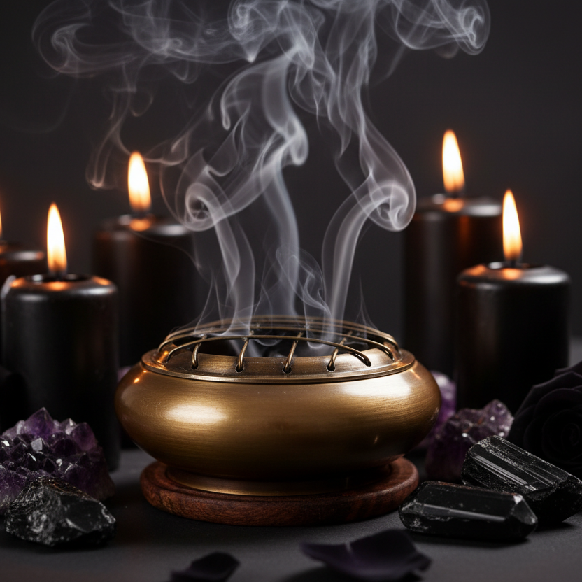 Brass incense burner close-up with gothic elements