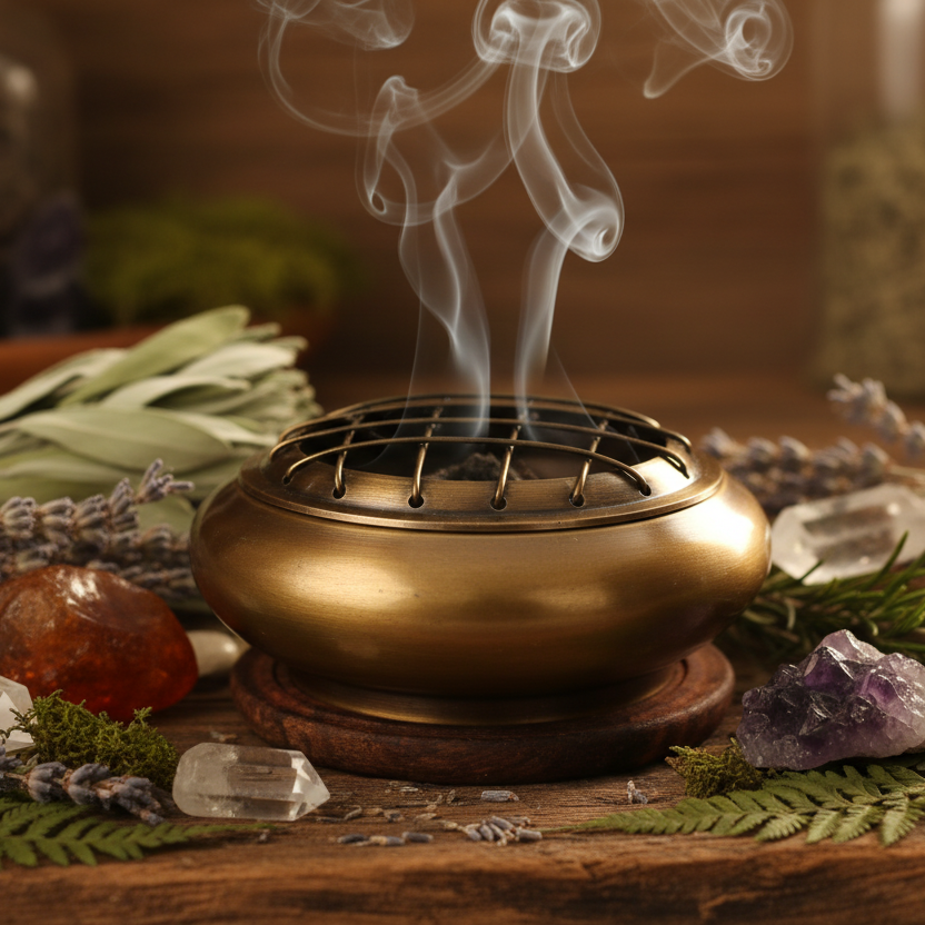 Brass incense burner close-up with herbs