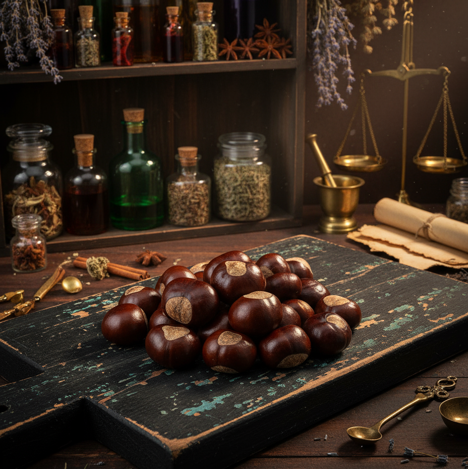 Buckeyes on black chippy paint board with apothecary background