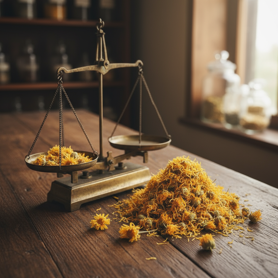 Calendula herbs on counter with antique scale