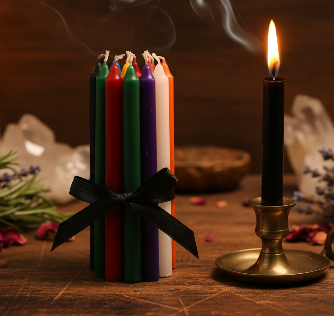 Candle bundle with burning black mini candle