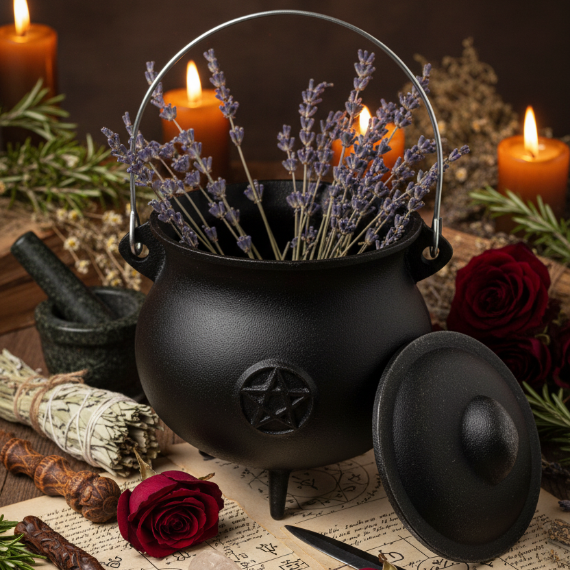 Cauldron with lid off - herbs and roses