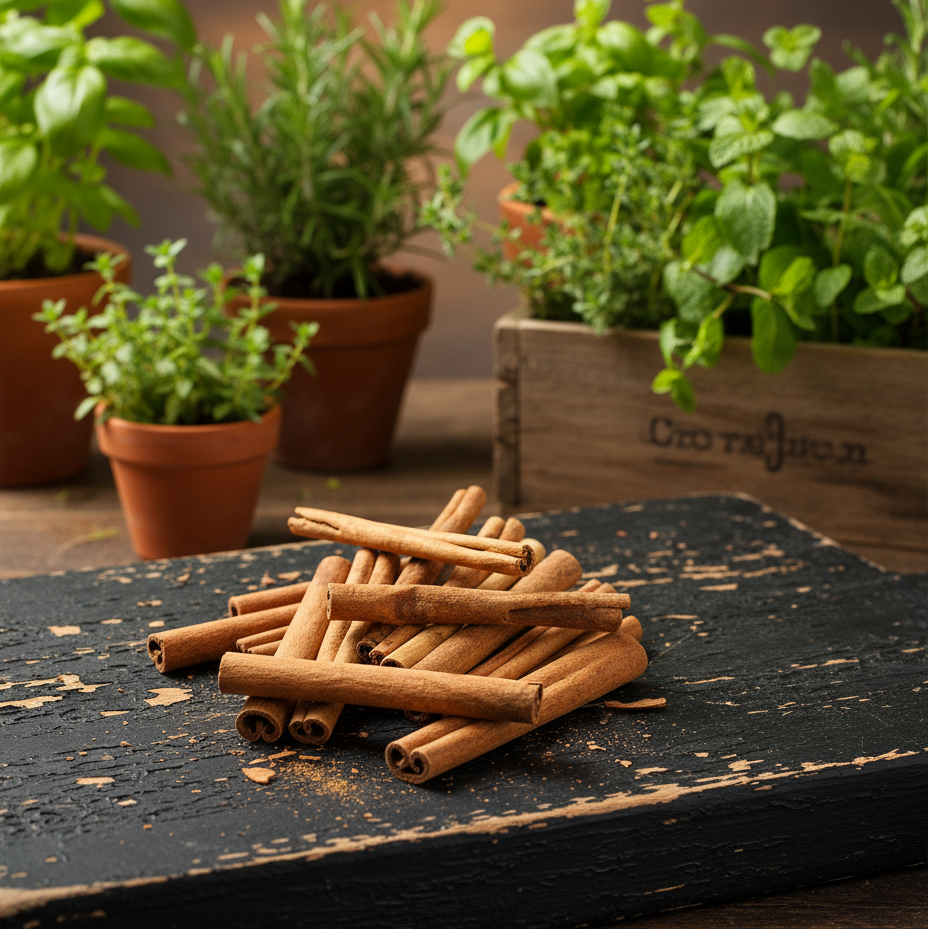 Cinnamon sticks on black chippy paint board with herb garden