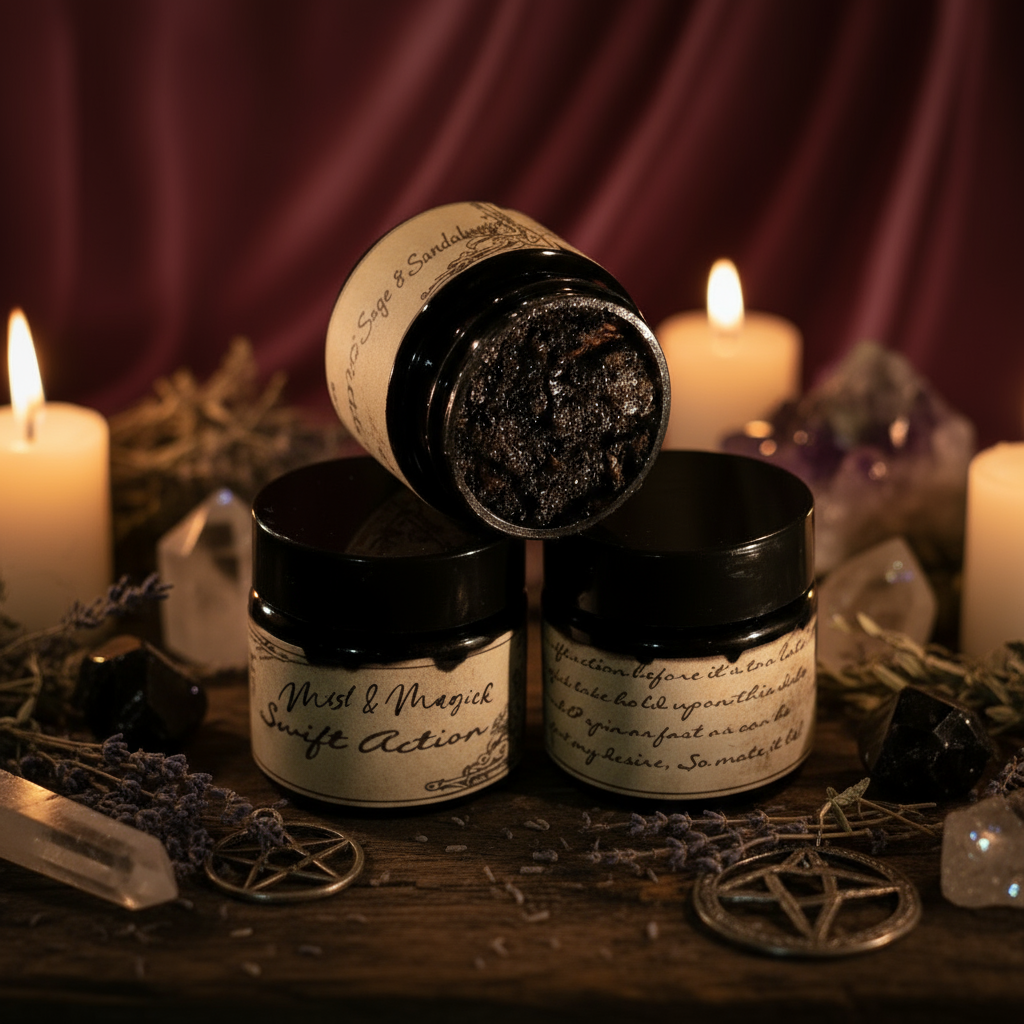 Close-up of Mist & Magick jars on witches altar