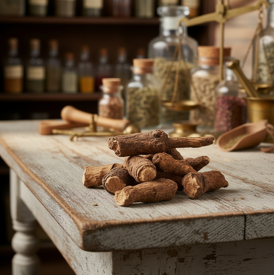 Comfrey root on chippy white table with apothecary background