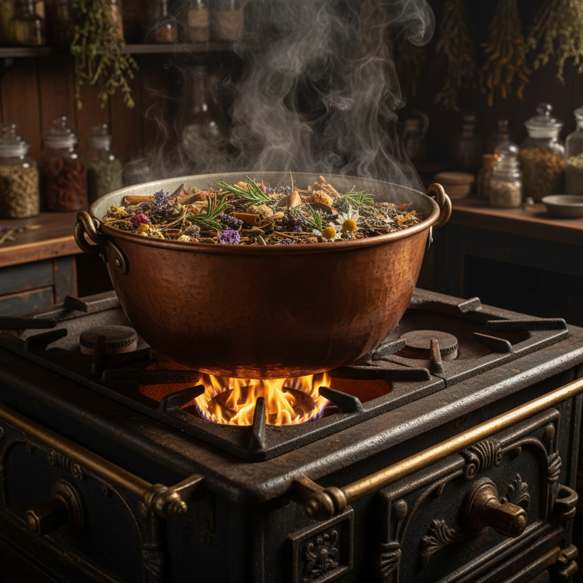 Copper pot on antique kitchen range