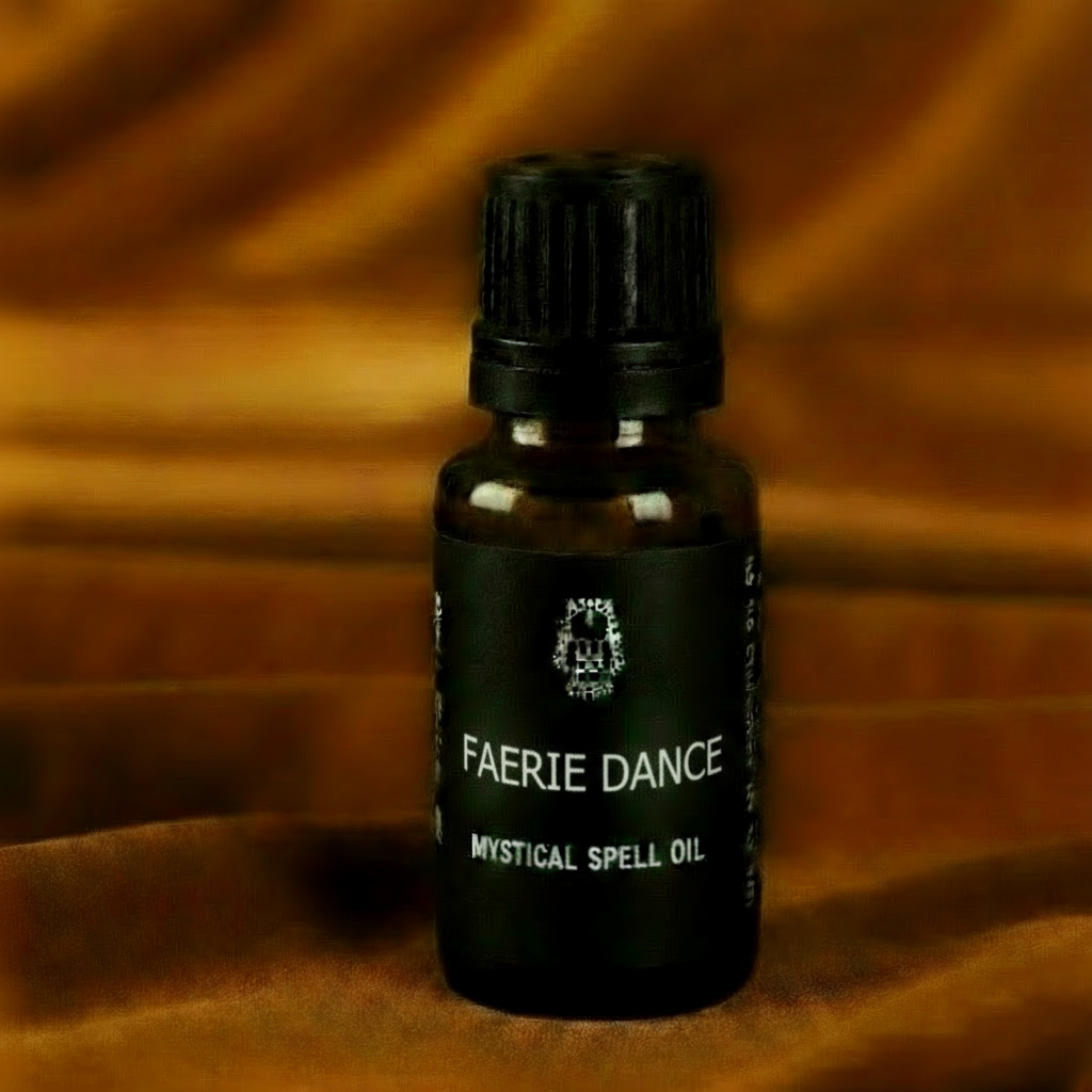 Faerie Dance Mystical Spell Oil bottle on amber background