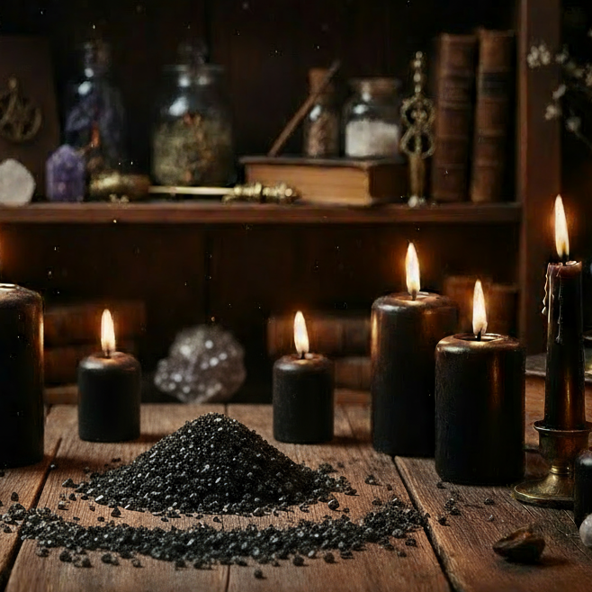 Few pinches of black salt on witch's altar with candles