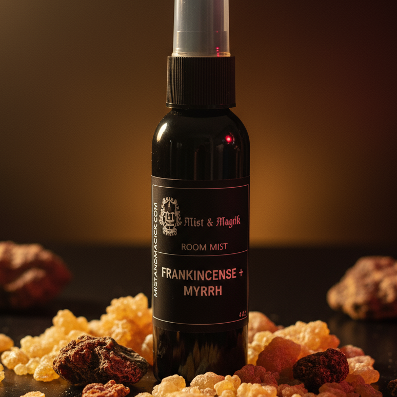 Frankincense + Myrrh room mist close-up with resin