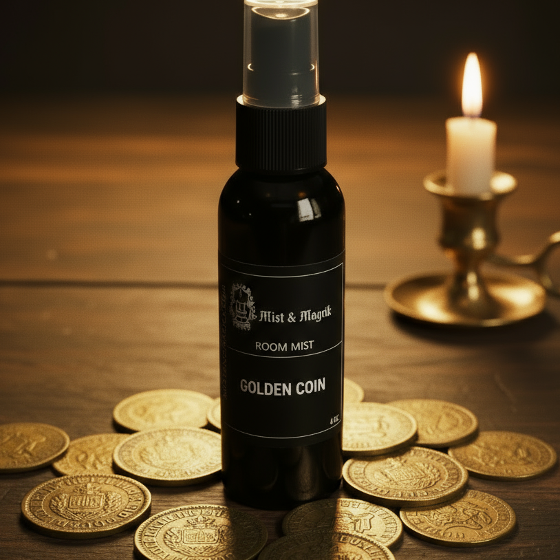 Golden Coin room mist with antique coins and gold candle