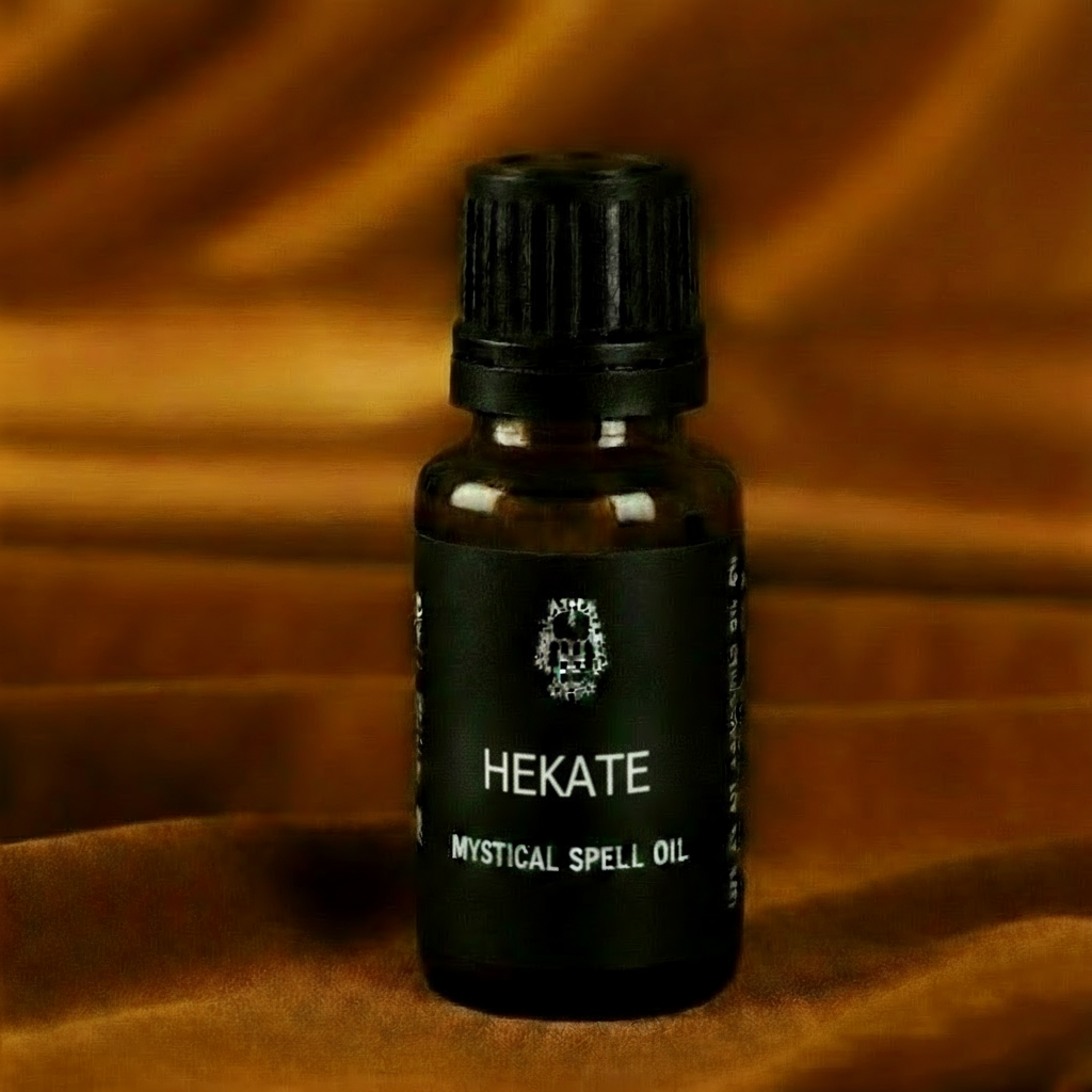 Hekate Mystical Spell Oil bottle on amber background