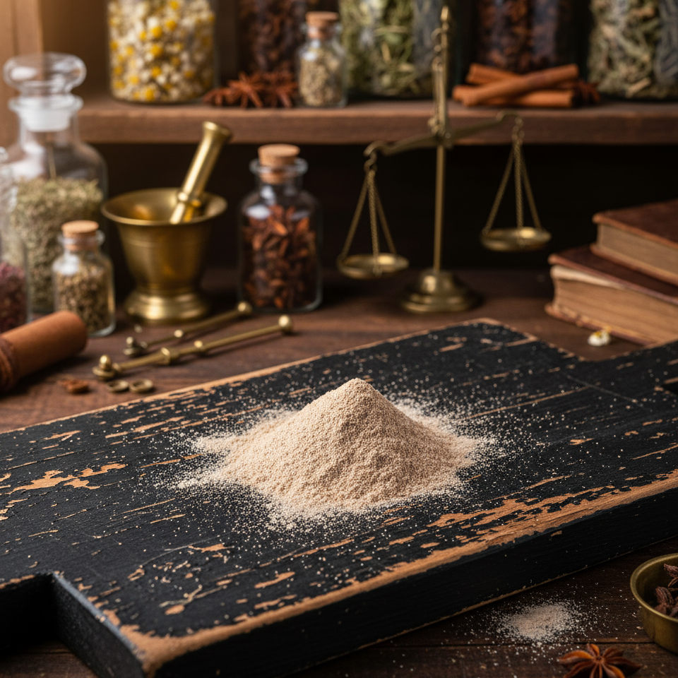 Herb on black chippy paint board with apothecary background