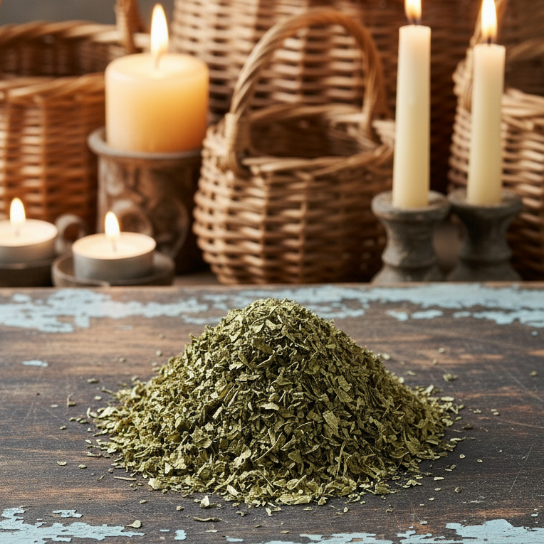 Herb on chippy blue board with wicker baskets and candles