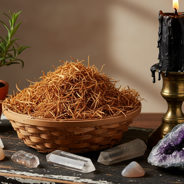 Herbs in basket with rosemary, crystals and candle