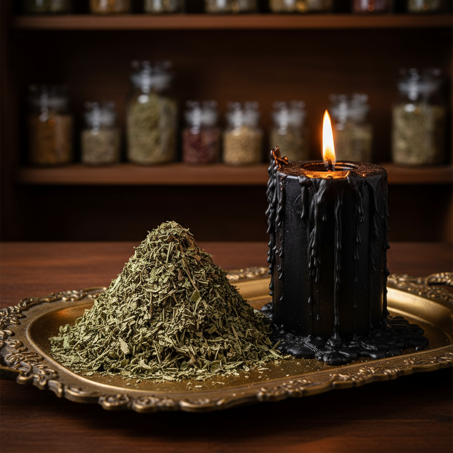 Herbs on antique gold tray with black candle and herb jars