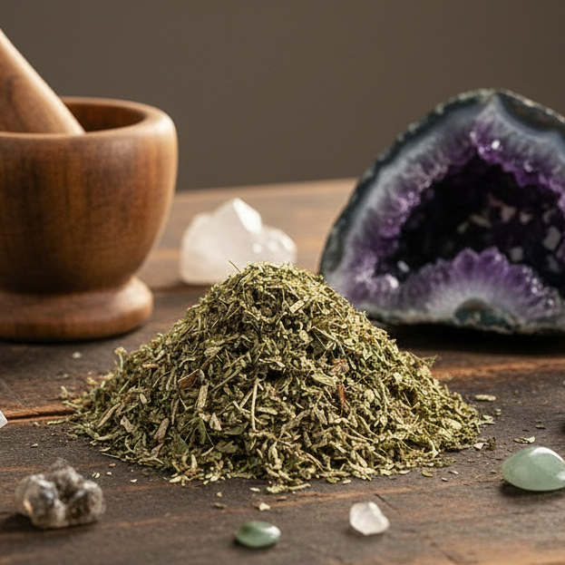 Herbs on antique table with mortar, crystals and amethyst - no window