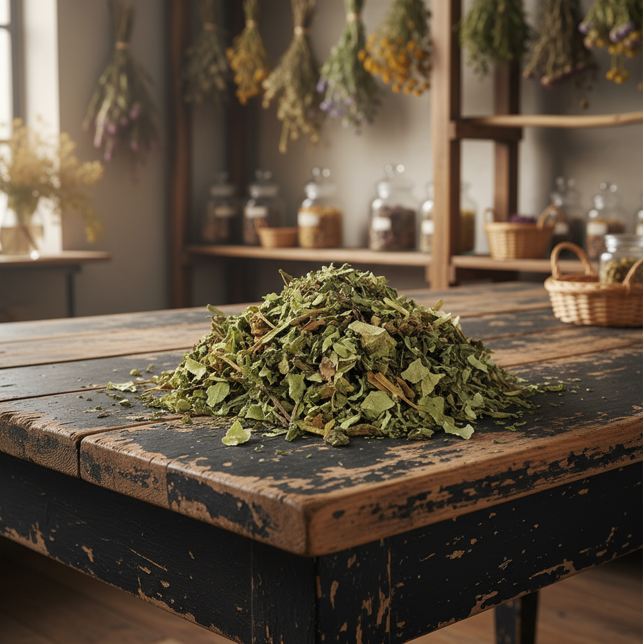 Herbs on black chippy table with dried herb racks