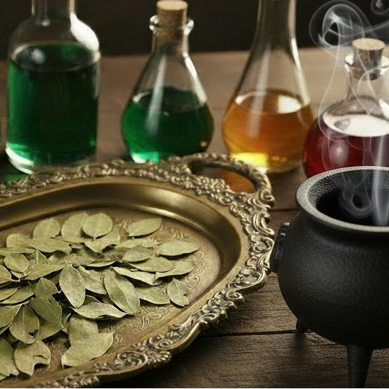 Herbs on brass tray with potion bottles and smoking cauldron