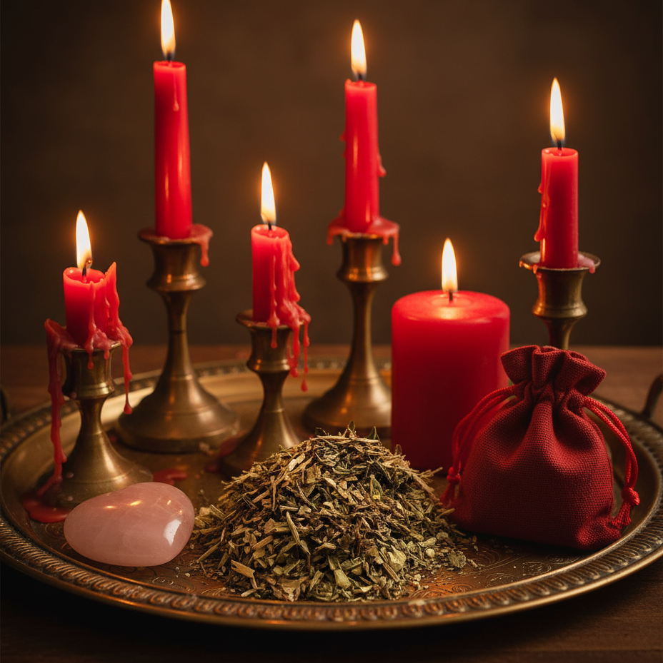 Herbs on brass tray with red candles, rose quartz and bag