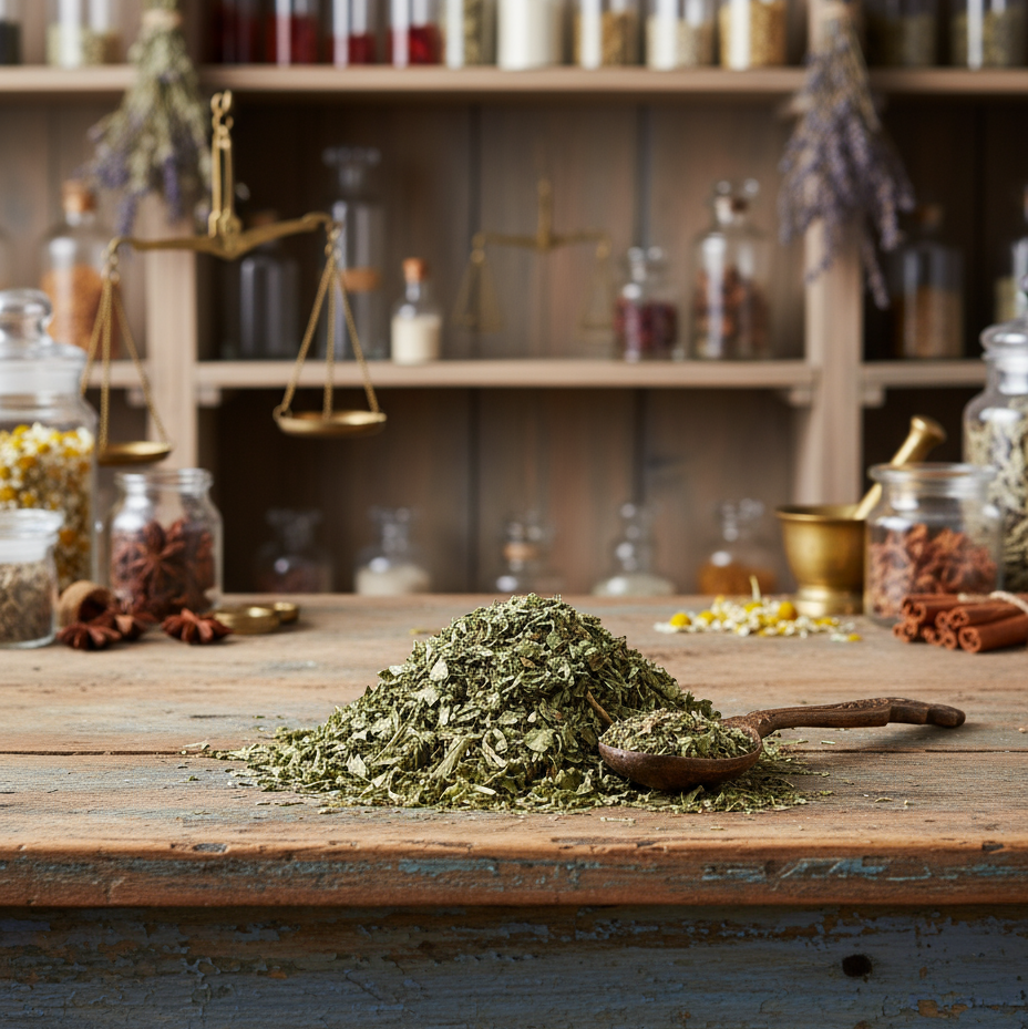 Herbs on chippy blue paint table with apothecary background