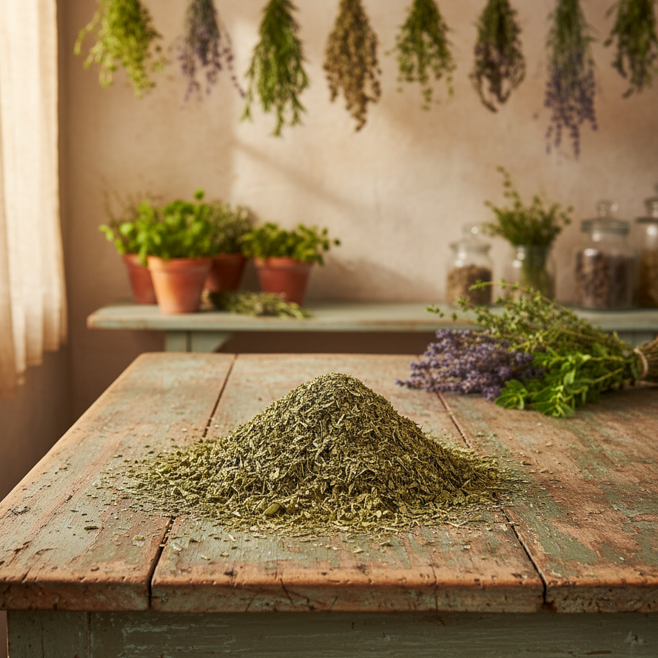 Herbs on chippy green table with hanging herbs