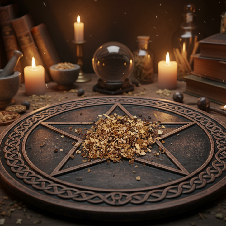 Herbs on pentacle tile with apothecary and candles