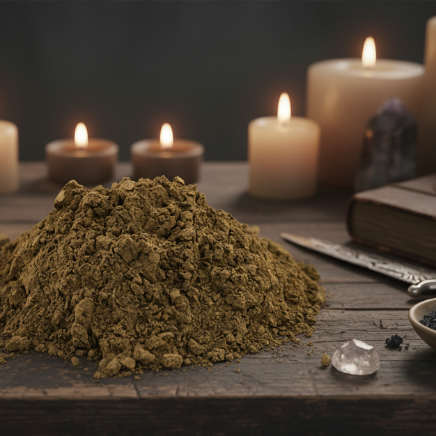 Herbs on witch's altar with lit candles