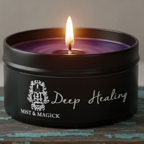 Lit Deep Healing candle on blue-green board