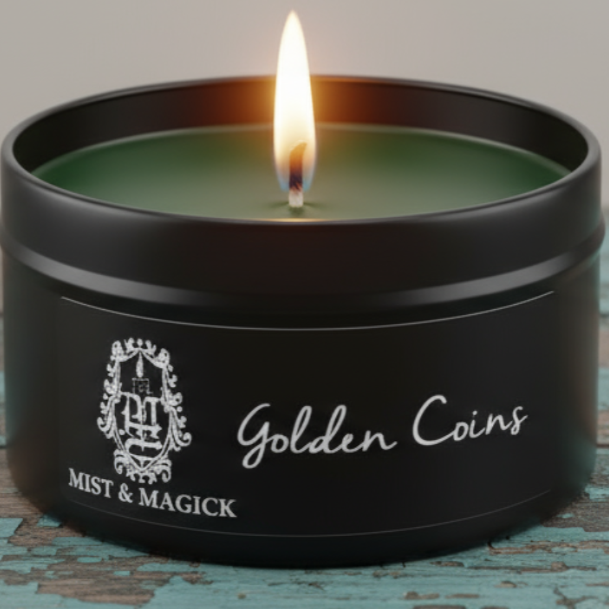 Lit Golden Coins candle on blue-green board