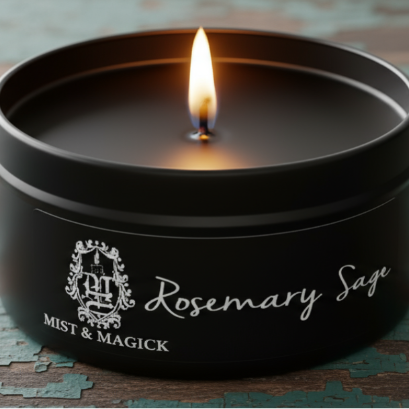 Lit Rosemary Sage candle with black wax on antique board