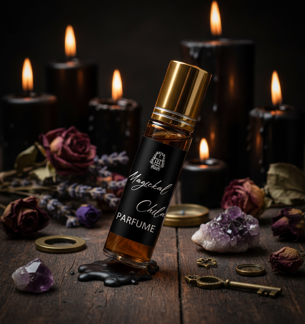 Magickal Child close-up black candles crystals