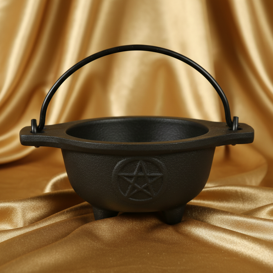 Moon face cauldron on gold velvet and satin backdrop
