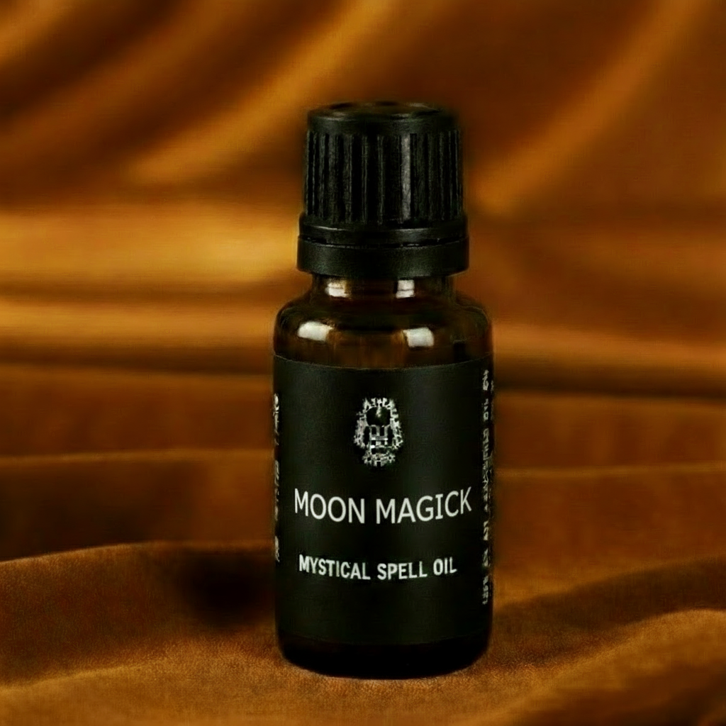 Moon Magick Mystical Spell Oil bottle on amber background