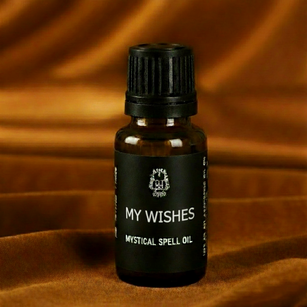 My Wishes Mystical Spell Oil bottle on amber background