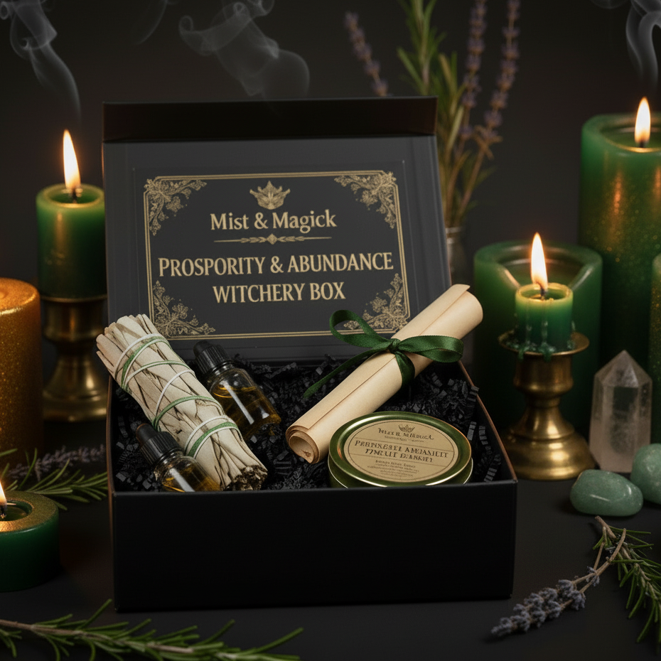 Mystical Prosperity Scene with Green and Gold Candles