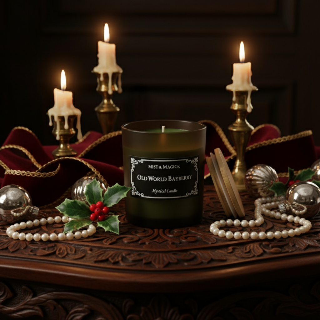 Old World Bayberry candle on Victorian table