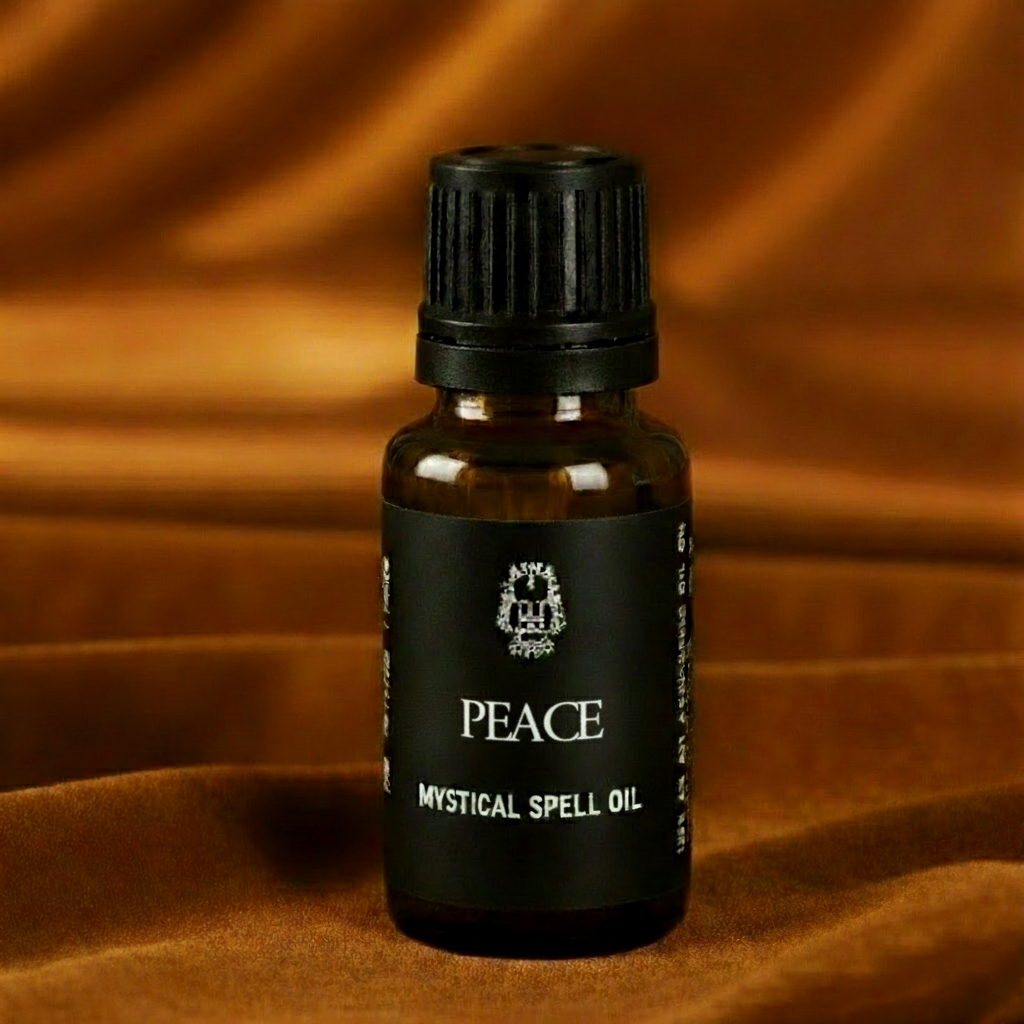 Peace Mystical Spell Oil bottle on amber background