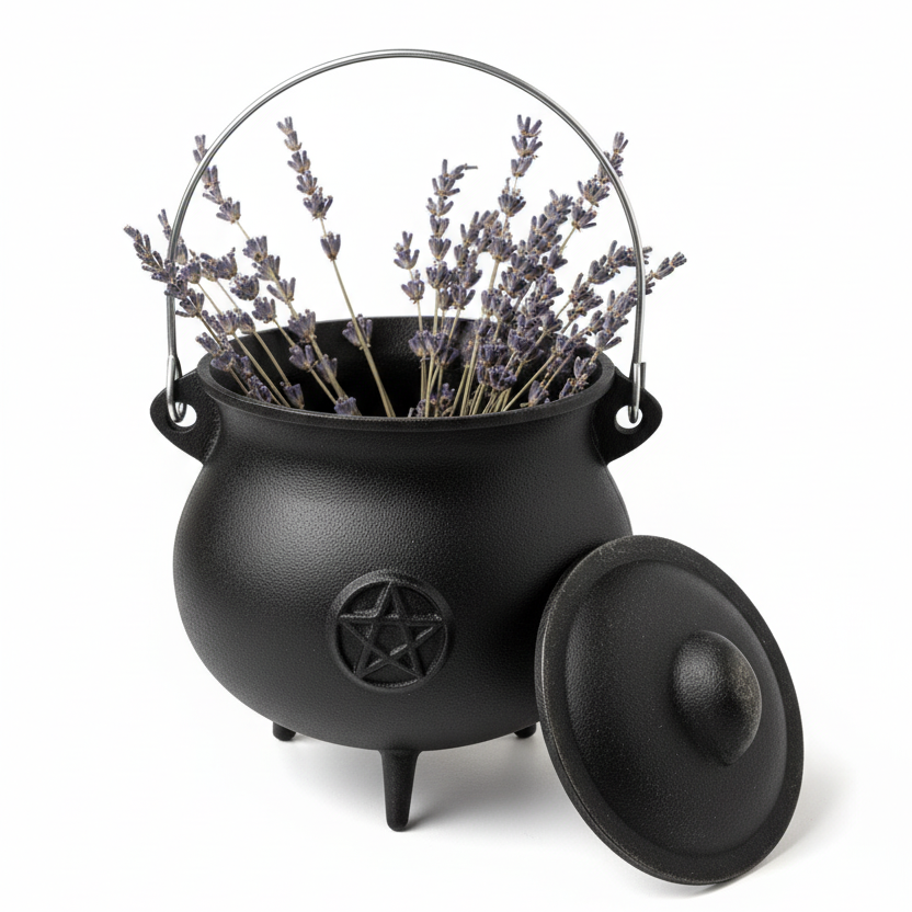 Pentacle cauldron with lavender on white background