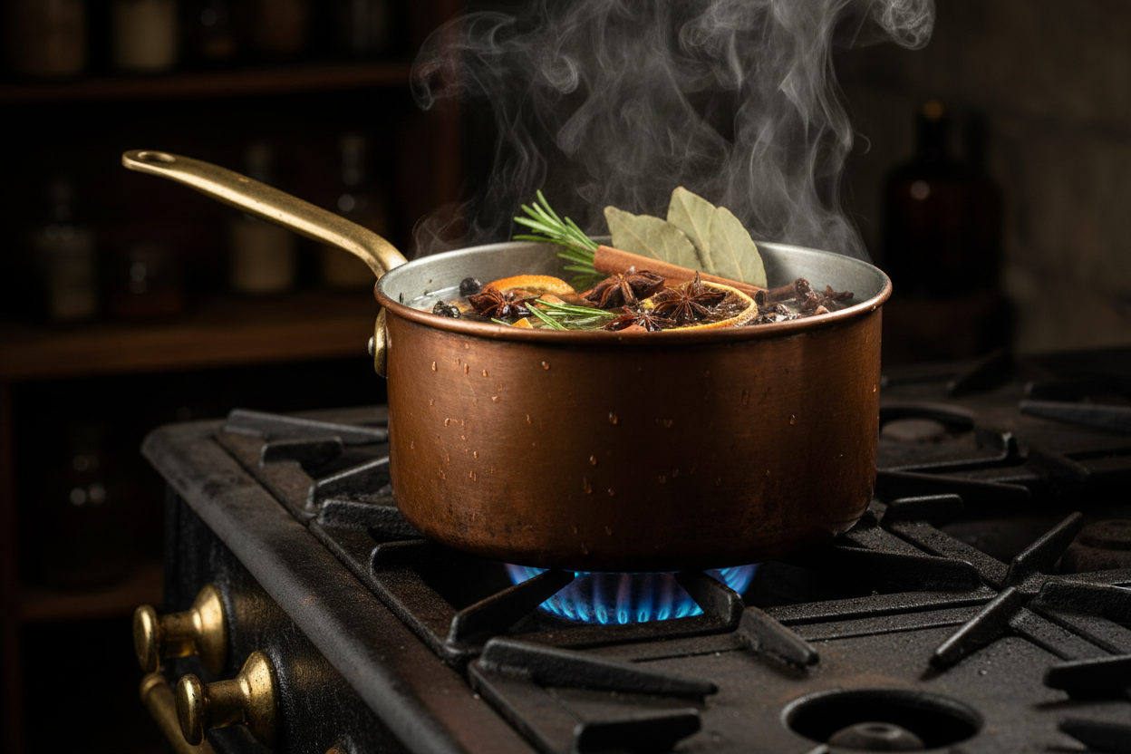 Photorealistic copper pot on gas range