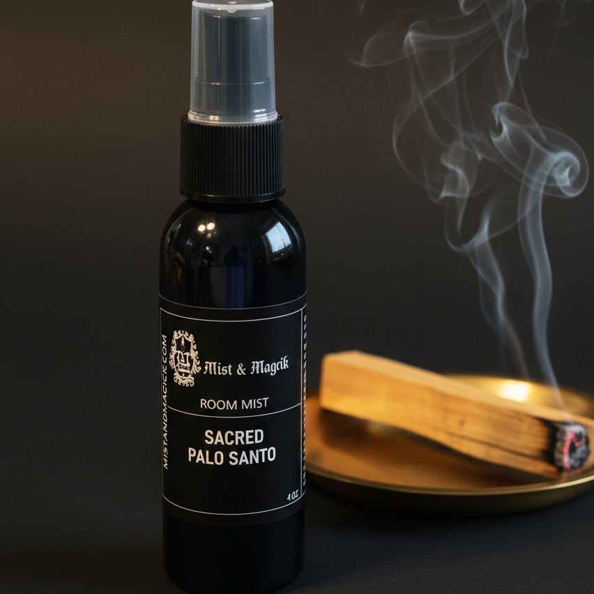 Sacred Palo Santo room mist extreme close-up with flat dish and single stick