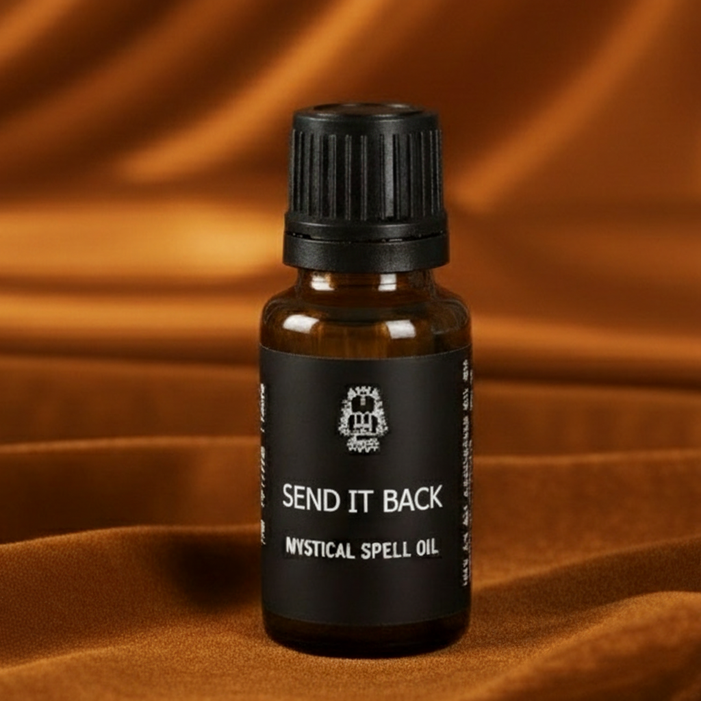 Send It Back Mystical Spell Oil bottle on amber background