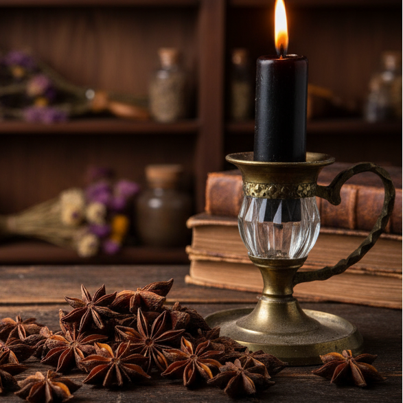 Star anise on antique table with candle and apothecary background