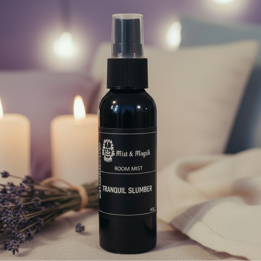 Tranquil Slumber room mist close-up with lit candles