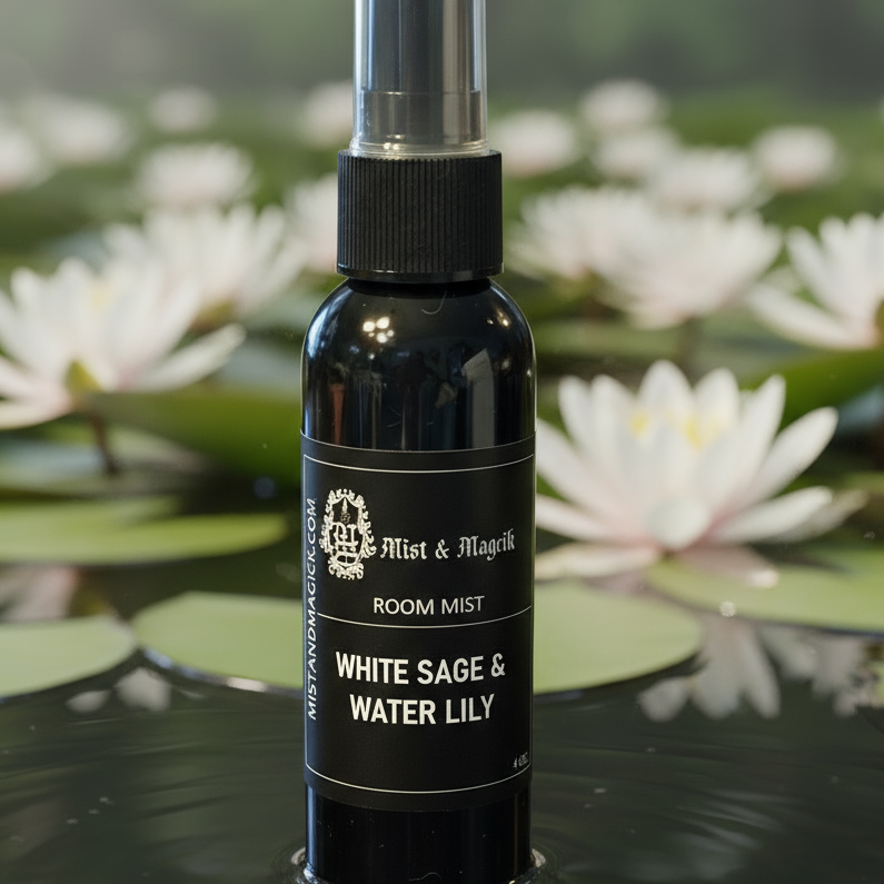 White Sage & Water Lily room mist close-up with water lilies