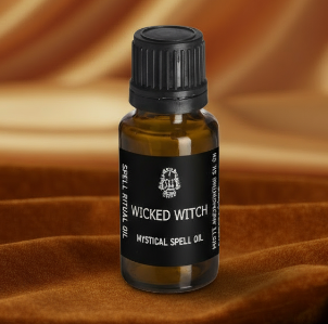 Wicked Witch Mystical Spell Oil bottle on amber background