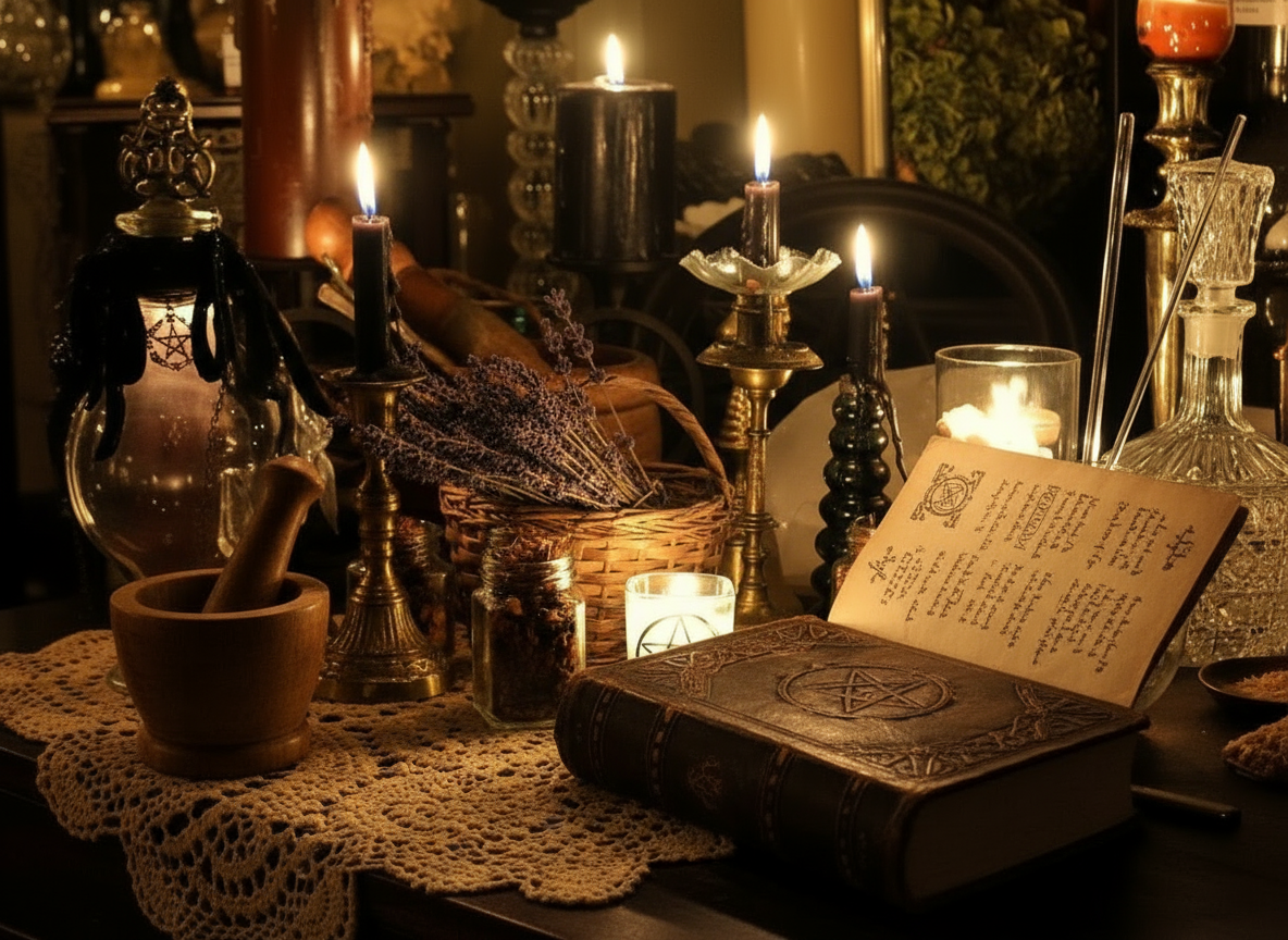 Witchy apothecary with spell book candles and lavender