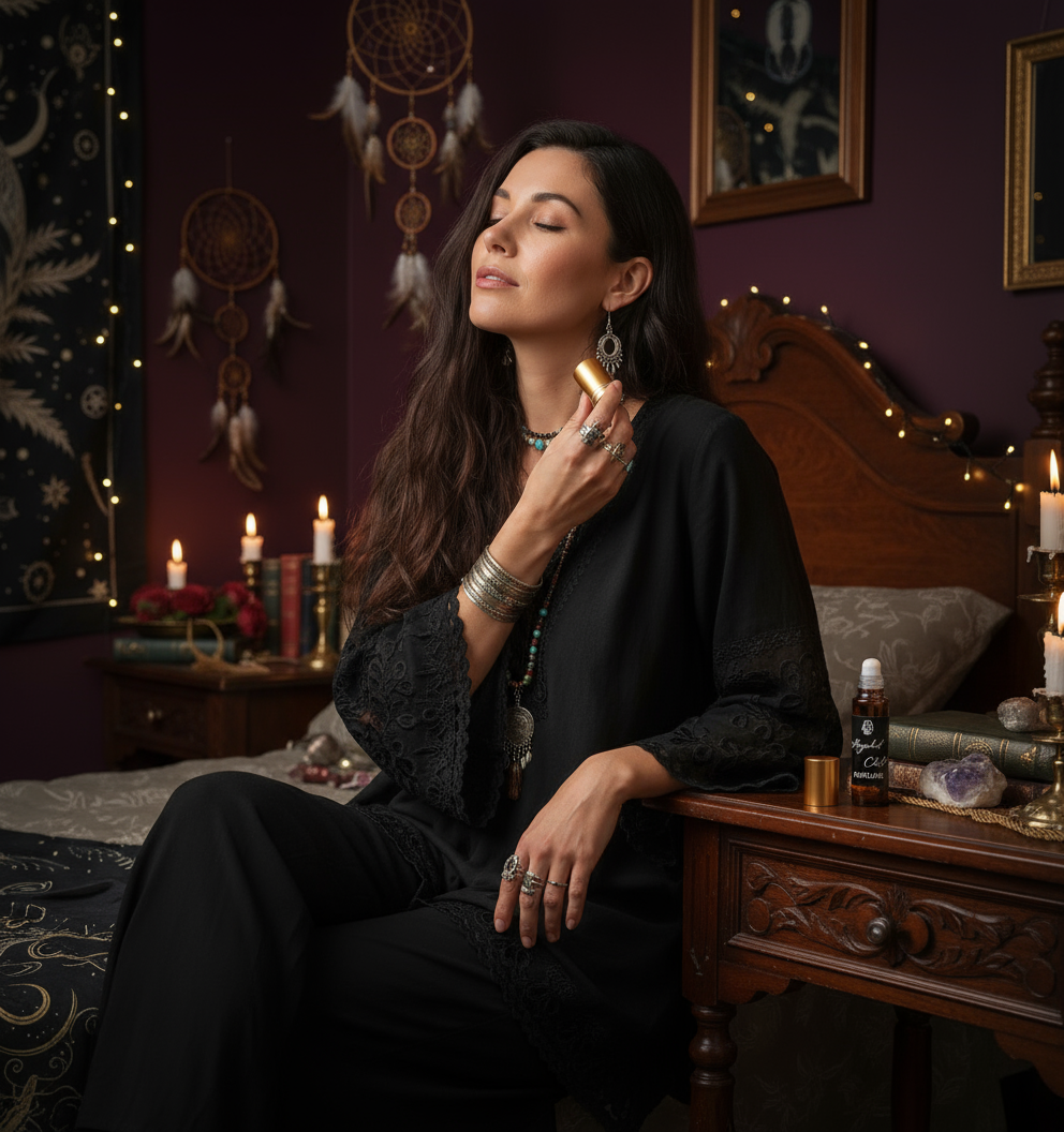 Woman in black bell-sleeve tunic applying perfume